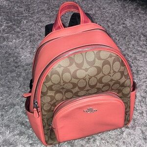 Coach court tangerine Pink Signature canvas Logo Backpack HTF color CJ593 purse